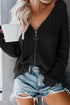Zipper V-Neck Dropped Sleeve Hooded Solid Sweater